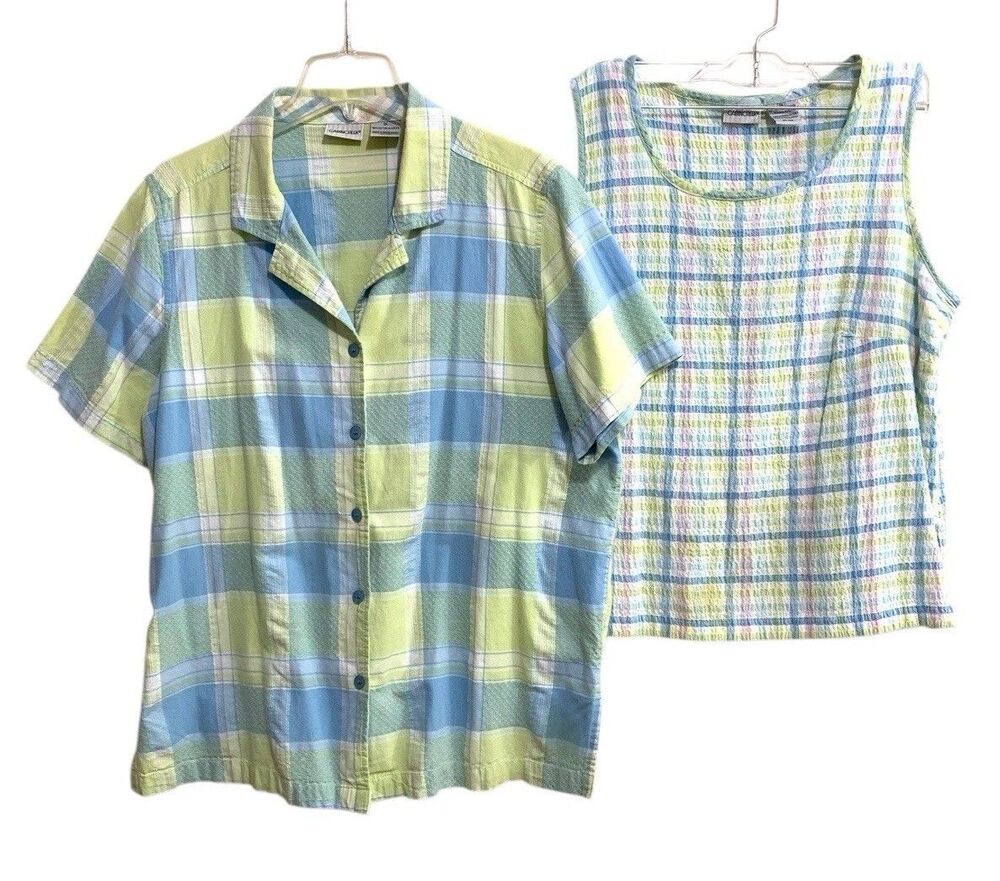 Cabin Creek Blouse & Tank Top Combo Womens Size 1X Plaid Short Sleeve Button-Up